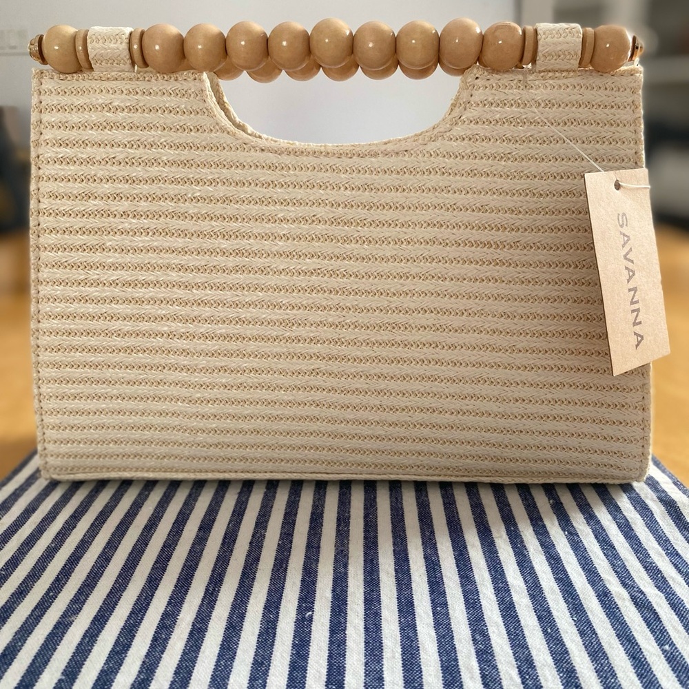 Savannah Beige Woven Tote with Beaded Handle